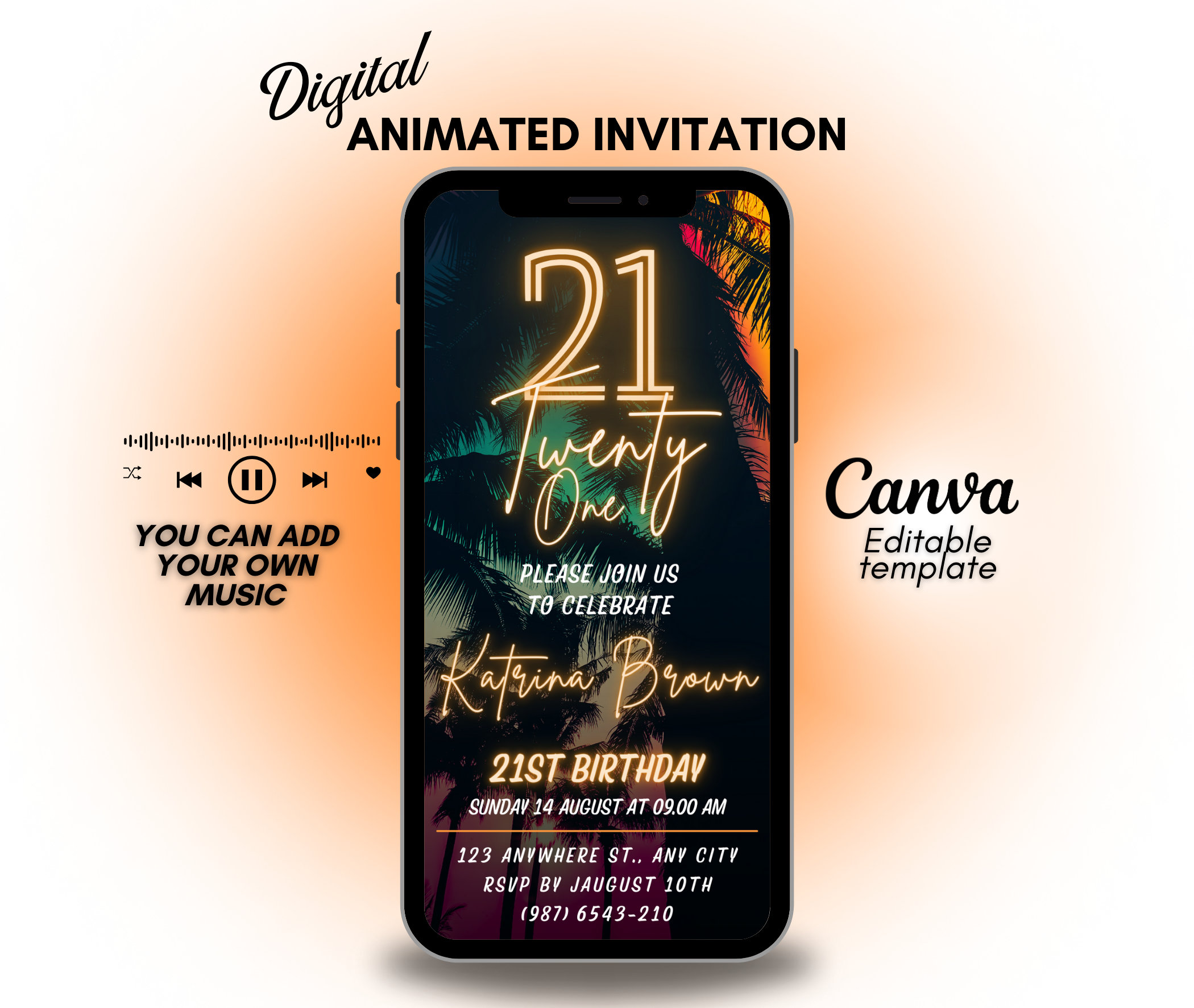 Invitation Coloranimation Editable 21st Birthday Video Invitation, Digital Animate Tropical ...