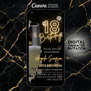 Könnte beinhalten: Digitale animierte Einladung zum 18. Geburtstag. Das Design zeigt ein Champagnerglas mit Blasen, goldenem Text und einem schwarzen Marmorhintergrund. Die Einladung enthält den Namen Angela Simpson, Datum, Uhrzeit und RSVP-Informationen.