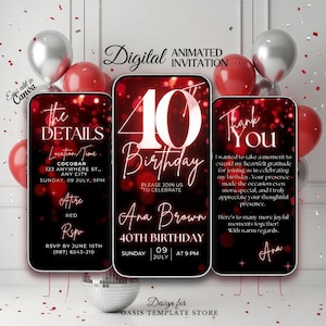 Röd paljettfödelsedagsinbjudan, elegant digital 40-årsinbjudan, glamorös festmall, smartphone-videoinbjudan, direktnedladdning