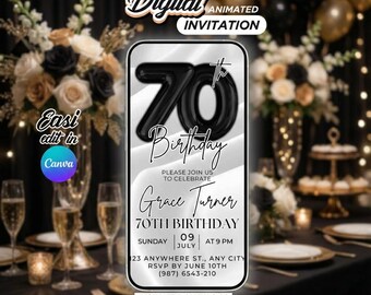 Animated 70th Birthday Invitation Digital, Black and White Video Invite, Elegant 70th Party Evite, Editable Canva Template, Text Message