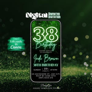 Groene digitale uitnodiging, 38e verjaardag videosjabloon Evite, 38e glitter geanimeerde tekstontwerp, aanpasbare kaart, uitnodiging Instant Download