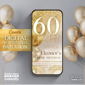 60th Birthday video Invitation, 60th Gold Glitter Digital Invitation, message text evite, canva template invitation, Sixty digital invite