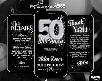 50th Birthday Digital Invitation, Black Silver 50th video Invitation, mobile animated invitation, canva template invite, 50th birthday party