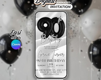 May include: Digital animated invitation for a 90th birthday celebration. The design features a black and white colour scheme with balloons in the background. The invitation includes the text "Grace Turner 90th Birthday" and RSVP details.