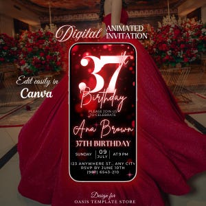 Digital 37th Birthday video invitation, Red glitter evite, 37th mobile invitation, 37th Digital invite, editable 37th party invite
