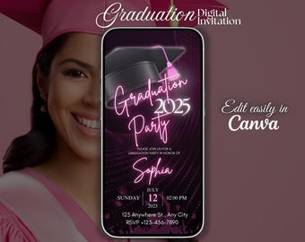 Puede incluir: Una invitación digital de graduación en tonos rosas y morados. El diseño presenta un gráfico de birrete y el texto "Graduation Party 2025" y "Sophia". La invitación incluye la fecha, la hora y la información de confirmación de asistencia.