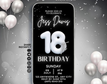 Animated 18th Birthday Invite for Him or Her, Silver Balloon Digital Invitation, Milestone Birthday Text Invite, Editable Canva Design