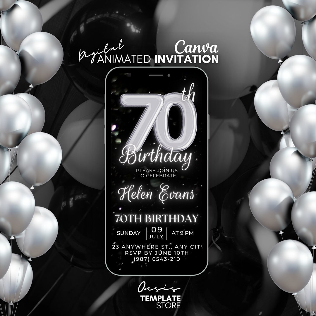 70th Birthday Digital Invitation, Black Silver Video Invite, 70th