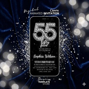 Digital 55th Birthday invitation, Fifty five Party video invitation, Diamond invitation, Party silver invite, animated invite, 55th evite