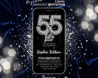 Digital 55th Birthday invitation, Fifty five Party video invitation, Diamond invitation, Party silver invite, animated invite, 55th evite