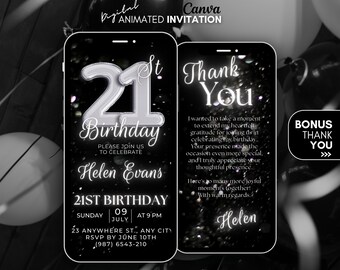 21st Birthday Digital Invitation, Black Silver video Invitation, 21st mobile animated invitation, canva template invite, 21st digital invite