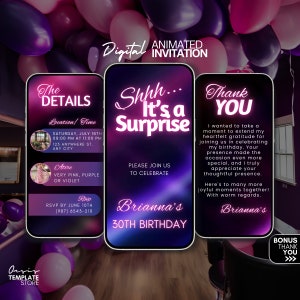 Invitación de cumpleaños sorpresa, invitación digital sorpresa de neón rosa, invitación en video, plantilla de invitación animada, invitación de fiesta de cumpleaños