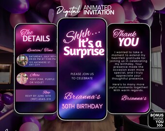 Surprise Birthday Invitation, Surprise Pink Neon Digital Invitation, video invite, animated invitation template, Birthday Party evite