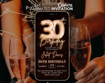 Thitrty 30th Birthday video Invitation, Bronze Gold Digital Invitation, mobile party invitation, canva template invite, 30th digital invite