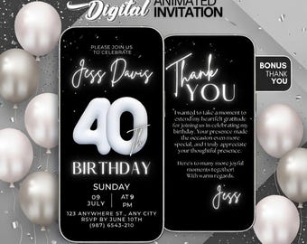 Animated Milestone Invite, Black Silver 40th Birthday Invitation Smartphone, Electronic Birthday Template, Text Invitation Thank You Card