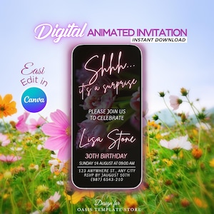 Invitación sorpresa editable, ¡Shhh, es una invitación sorpresa!, Invitación sorpresa rosa para fiesta, Video editable Evite, invitación floral de Canva.