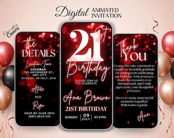 Digital Animated Invitation 21st Birthday, Red Bokeh Glam Canva Template, Editable Instant Download Party, editable red invite