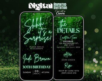 Green Surprise Birthday Evite, Editable Video Invitation Template, Surprise invitation, Digital Party Card, Green Surprise party invite