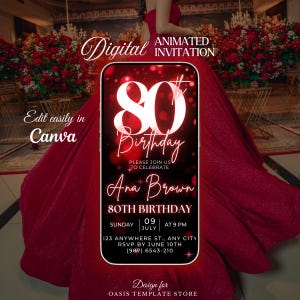 Digital 80th Birthday invitation, Red party celebration, mobile invitate, 80th editable invite, animated video invitation, phone text evite