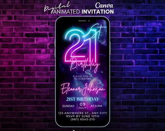 Digital 21st Birthday Invitation, Neon Pink video Invitation, Twenty one Party Animated invitation, Message Text evite, 21st invitaton party