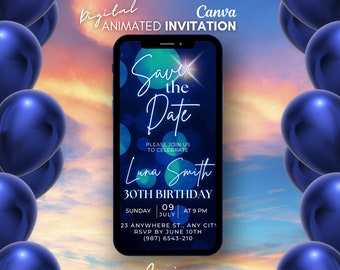 Digital Save the Date Birthday Invitation, Mobile invitation, Blue Glitter digital invitation template, Blue Text evite party, save the date