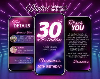 Thirty 30th Birthday Invitation, 30th Pink Neon Digital Invite, 30th phone invitation template, Thirty Birthday Party evite, canva invite