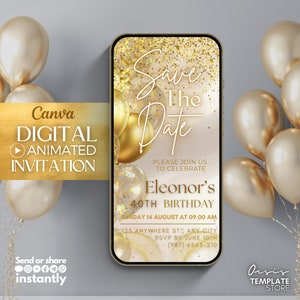 Save the Date video-verjaardagsuitnodiging, gouden glitter digitale uitnodiging, berichttekst, uitnodiging canvassjabloon, bewaar deze datum
