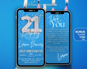 Invito video per il 21° compleanno, invito digitale blu modificabile, invito animato Canva, modello per festa mobile, celebrazione del ventunesimo compleanno