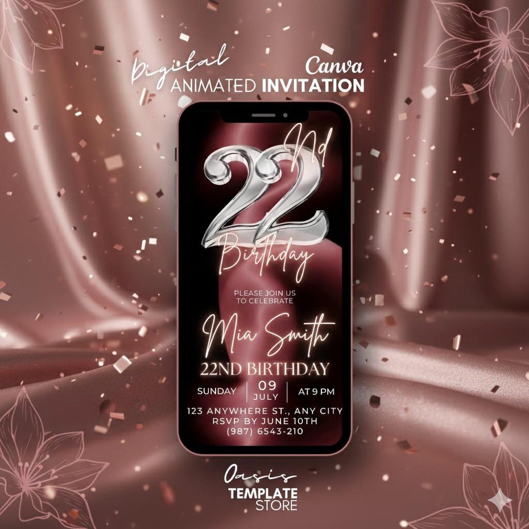 22nd Birthday Digital Invitation, Pink Silver Animated Invitation ...