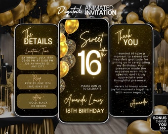 Digital Sweet 16th Birthday video Invitation, Sixteen animated invite, 16th editable invitation party, 16th Gold Balloons Glitter Invitation