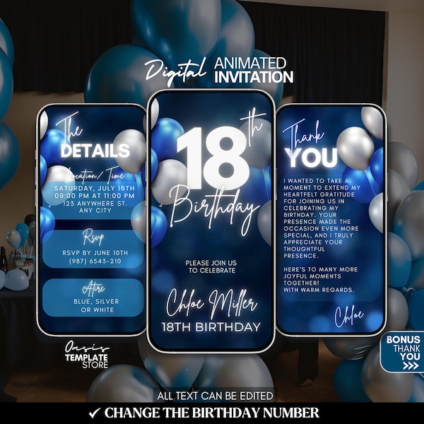 Eighteen 18th Birthday Invitation, 18th Blue and silver video Invitation, Navy blue 18th digital invitation, 18th invitation template