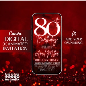 Digital 80th Birthday video Invitation, Red Glitter Digital Invitation, animated invite, 80th digital invitation template, Eighty invitation