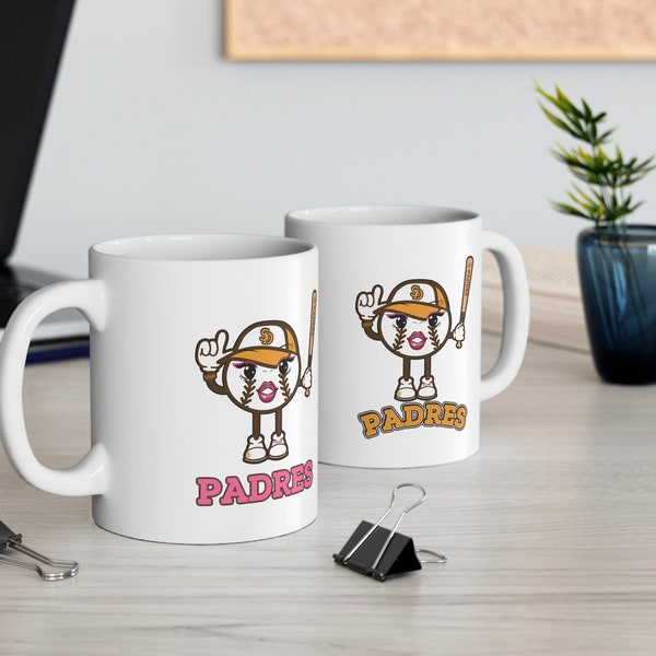 SD Padres Gift Mug, San Diego Padres inpired Mascot Mug Cute Padres Womens Mug, Two Designs on One Mug. Pink and Gold Padres Gift For Her