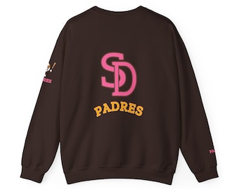May include: Brown sweatshirt with a pink "SD" logo and "PADRES" in orange text on the back.