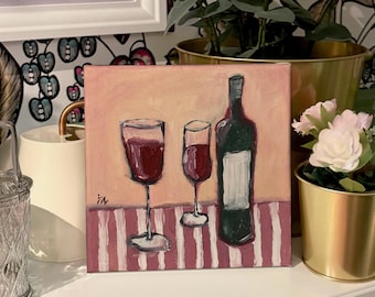 Stillleben mit Wein und Gläsern - Original Gemälde auf Leinwand, hellgelber Hintergrund, kleine Küchen Wandkunst, Geschenk für Weinliebhaber