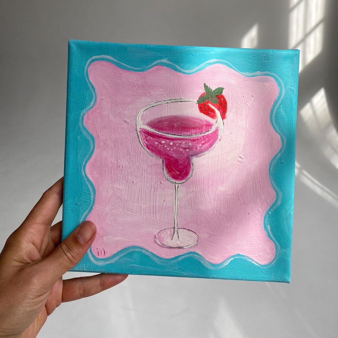 Strawberry Cocktail Acrylic Painting: Retro Bar Cart Art (7.9x7.9 In ...