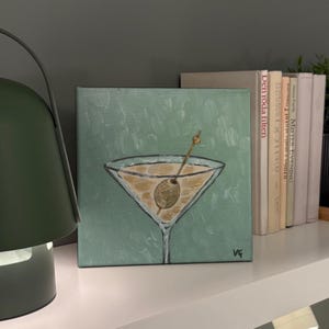Martini Cocktail with Olive Pale Green Background Acrylic Original Painting / Minimalistic Canvas / Kitchen, Bar Cart Decor (7.9x7.9 in)