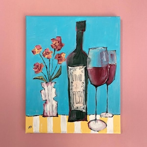 Original Painting on Canvas - Still Life with Wine, Flowers and Glasses, Light Blue Background, Small Kitchen Wall Art, Wine Lover Gift