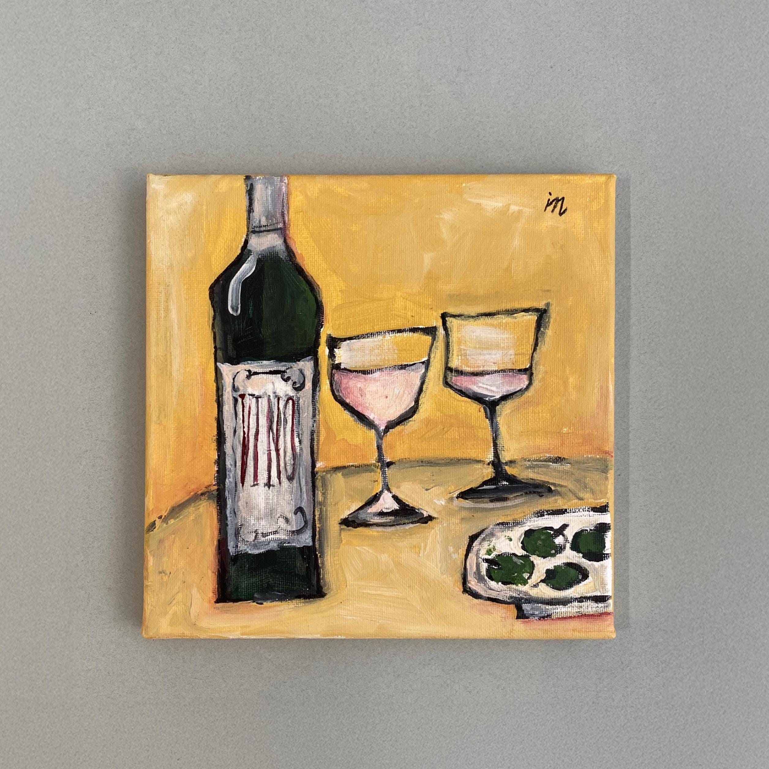 Kleines Stillleben für die Küche, Stillleben mit Wein, Gläsern und Oliven - Original Gemälde auf Leinwand, hellgelber Hintergrund, Geschenk für Weinliebhaber