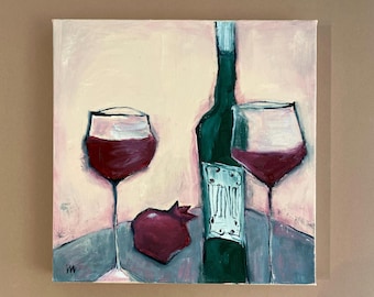 Kleine Küchen Wanddeko. Stillleben mit Wein, Gläsern und Granatapfel -Original Gemälde auf Leinwand, hellgelber Hintergrund, Geschenk für Weinliebhaber