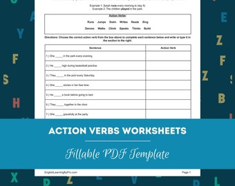 Ensemble de feuilles de travail sur les verbes d'action pour les apprenants et les professeurs d'anglais (PDF modifiable, à remplir et imprimable)