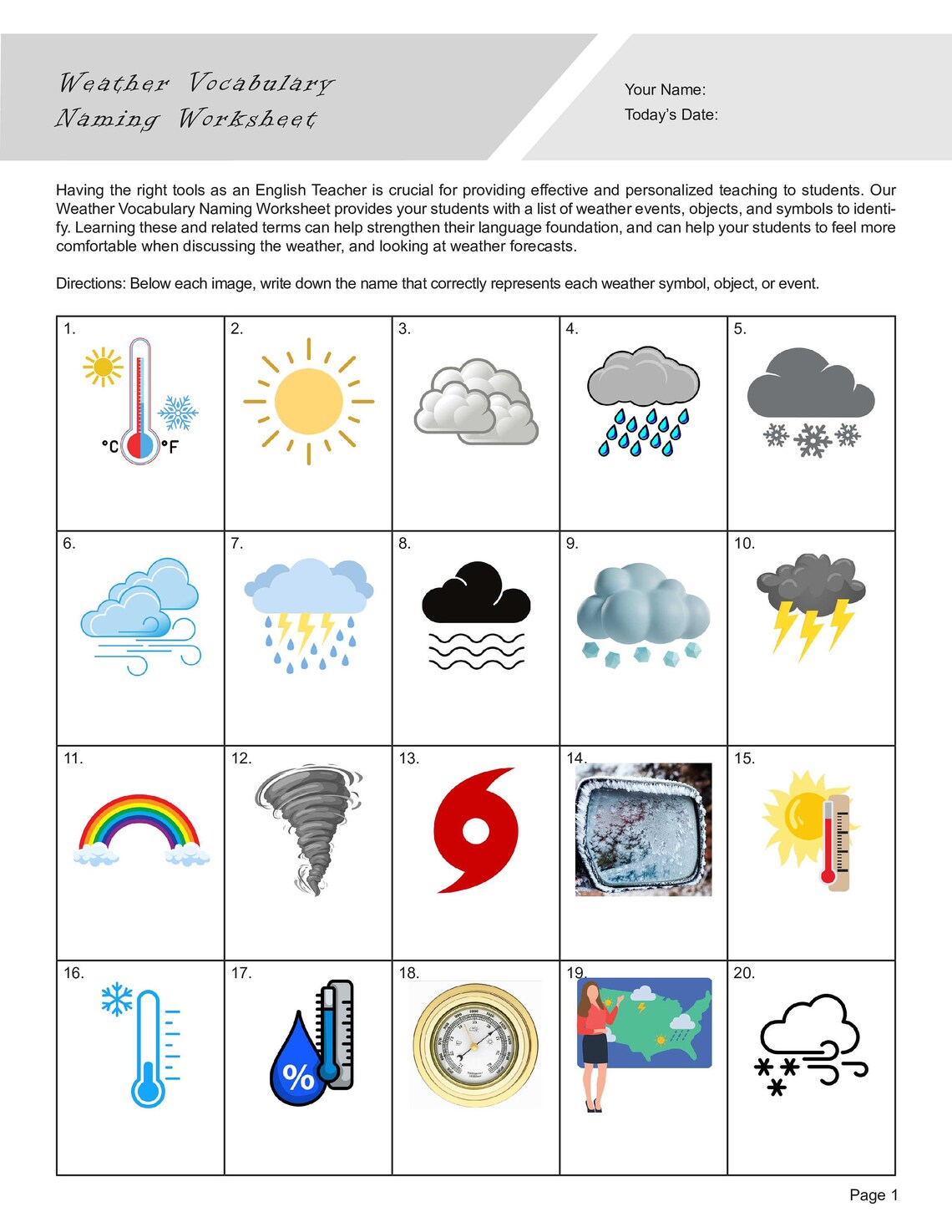 Weather Vocabulary Naming Worksheet for English Learners and English ...