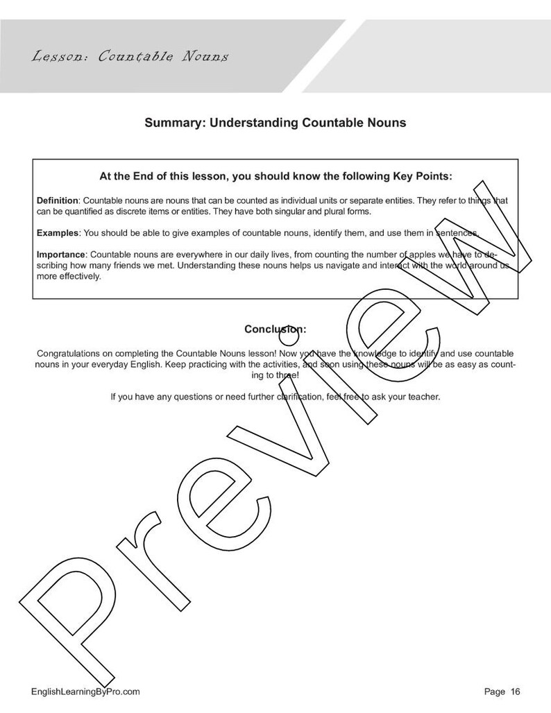 Countable Nouns Lesson: Introduction + 4 Worksheets (editable, Fillable ...