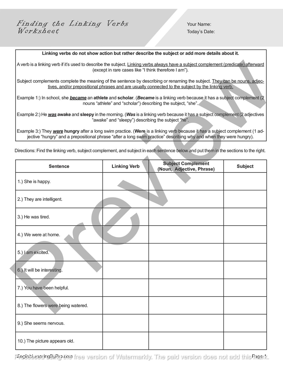 Linking Verbs Worksheets Bundle for English Learners and English ...