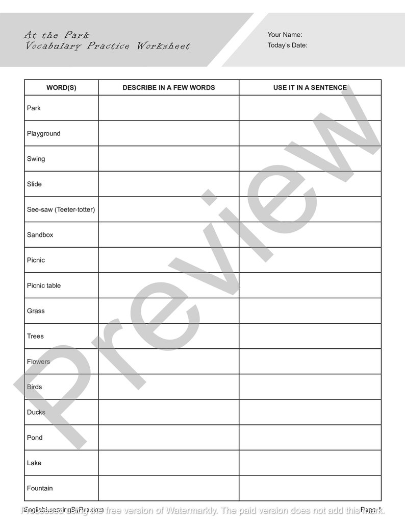 At the Park Vocabulary Practice Worksheet for English Learners and ...