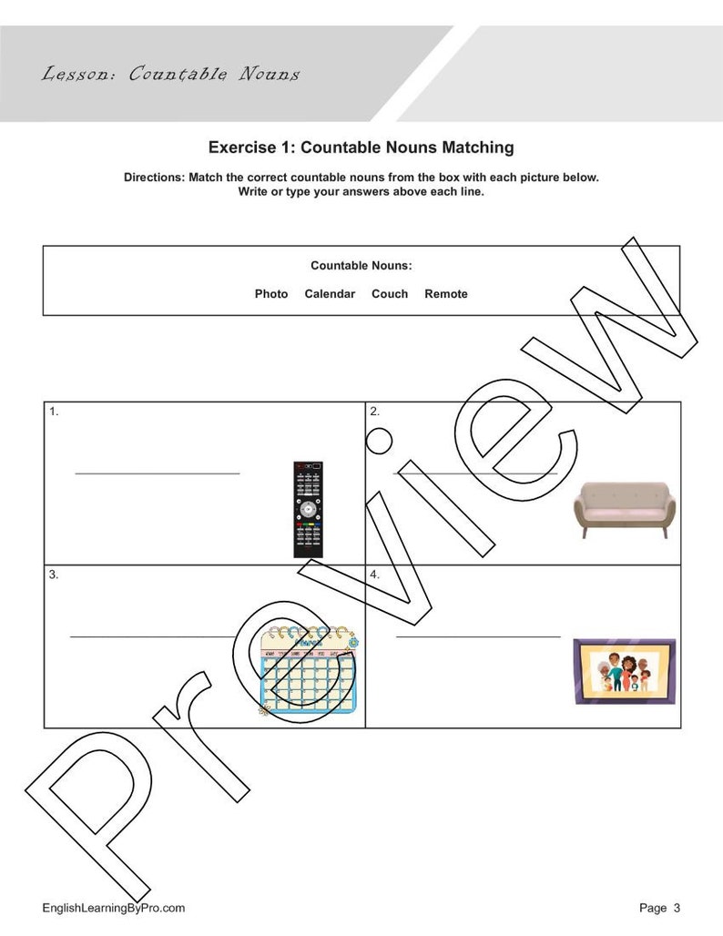 Countable Nouns Lesson: Introduction 4 Worksheets editable, Fillable ...