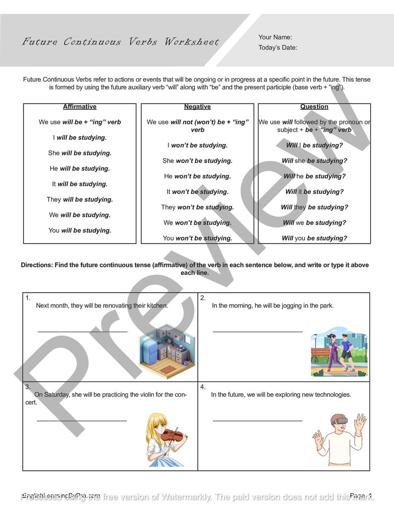 Future Continuous Verbs Worksheets Bundle for English Learners and ...