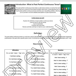 Past Perfect Continuous Tense Verbs Lesson: Introduction + 3 Worksheets ...