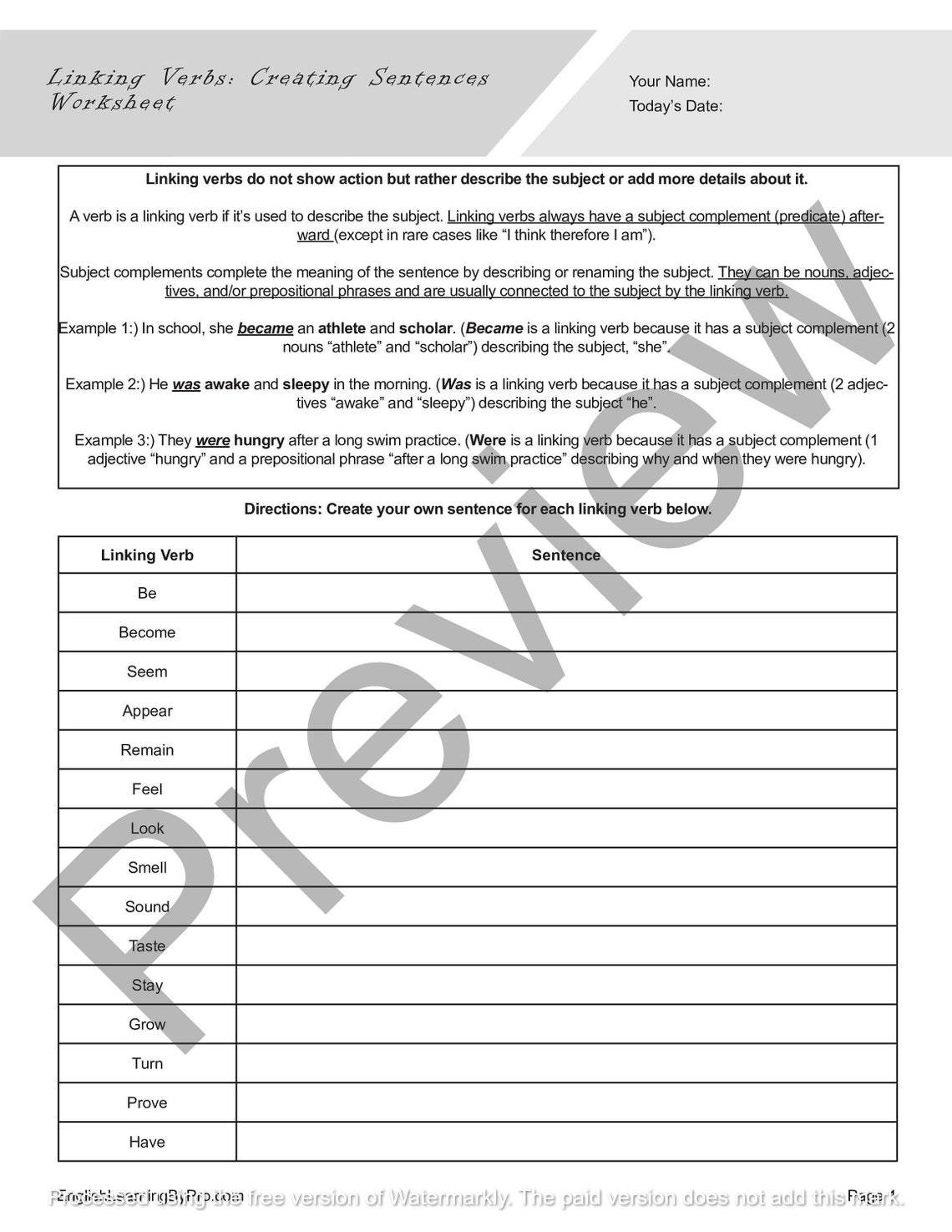 Linking Verbs Worksheets Bundle for English Learners and English ...