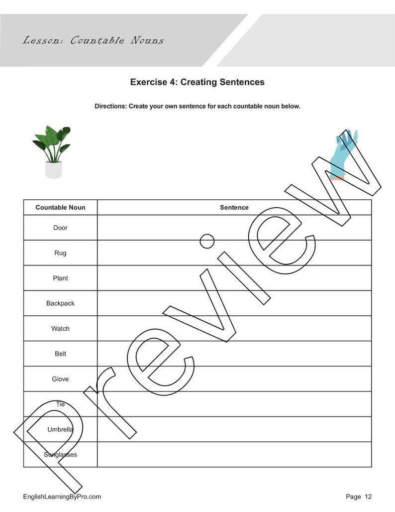 Countable Nouns Lesson: Introduction + 4 Worksheets (editable, Fillable ...